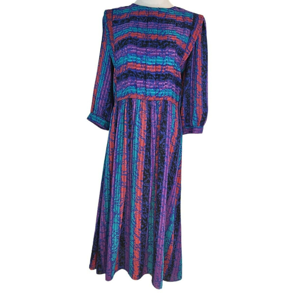 Jonathan Martin Purple Blue Striped VTG 1980s Modest Secretary Geek 80s Dress